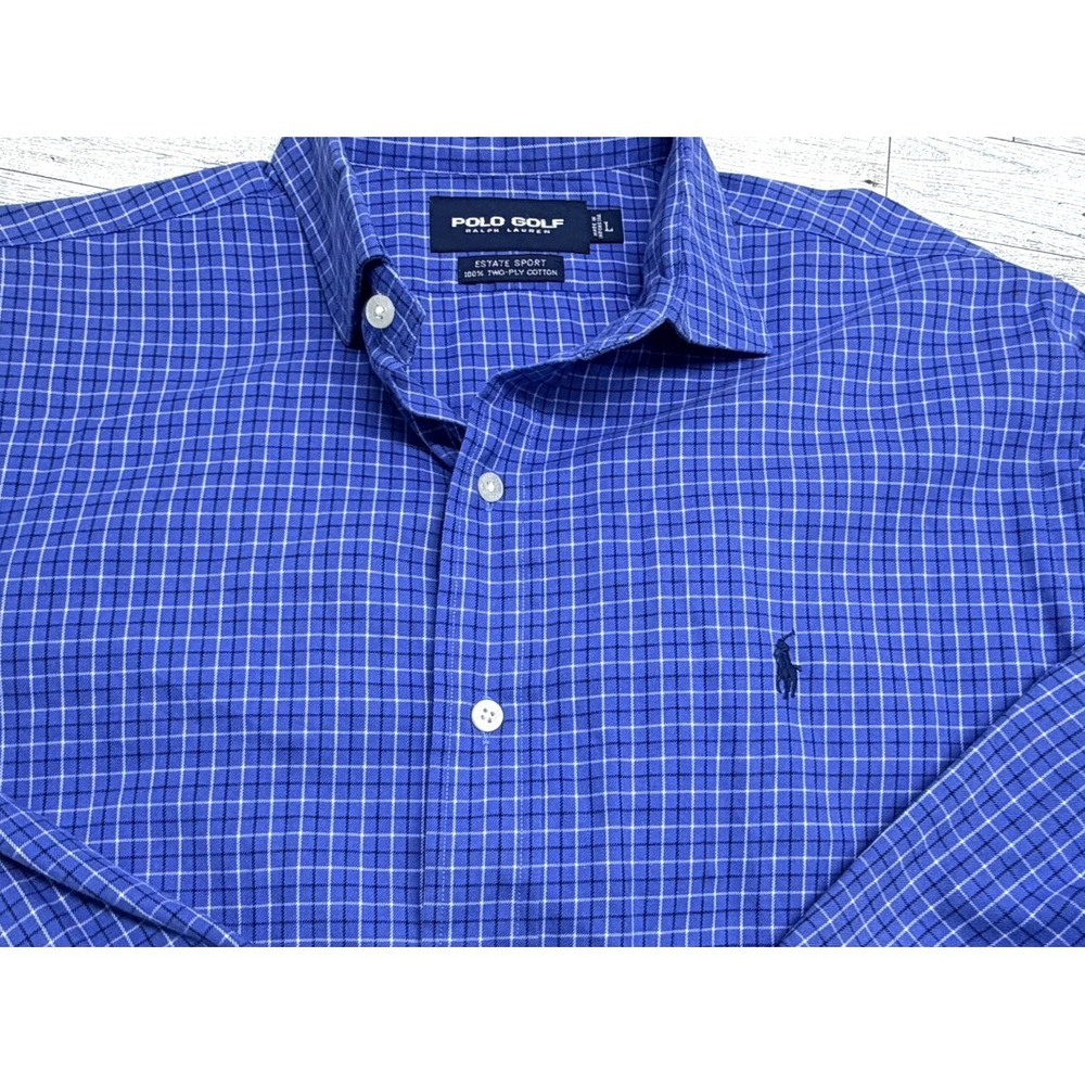 Men's Polo Golf Ralph Lauren Estate Sport Blue Check Cotton Long Sleeve Shirt LG